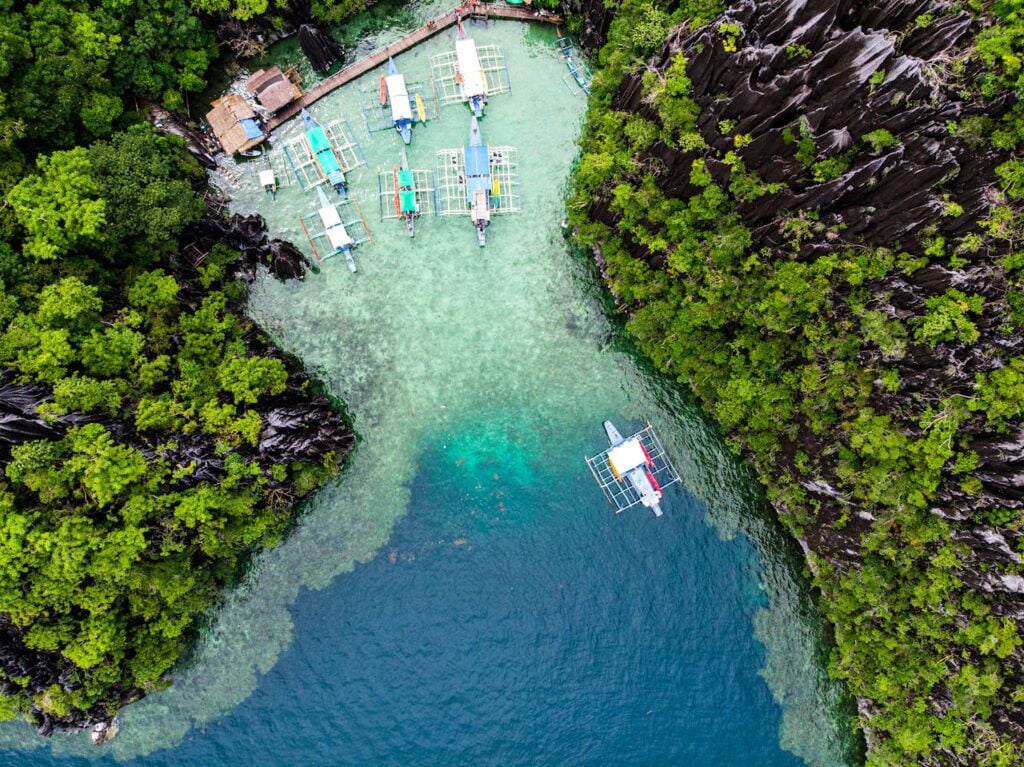 Top View of Boats in a Lagoon in El Nido, Palawan, Philippines